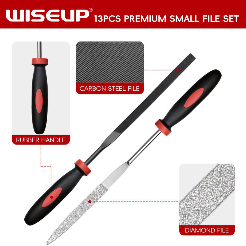 WISEUP 13 Piece Needle File Set with 6 Diamond Files and 6 Steel Files | Tool bag for jewelry, wood, plastic, metalwork and DIY enthusiasts
