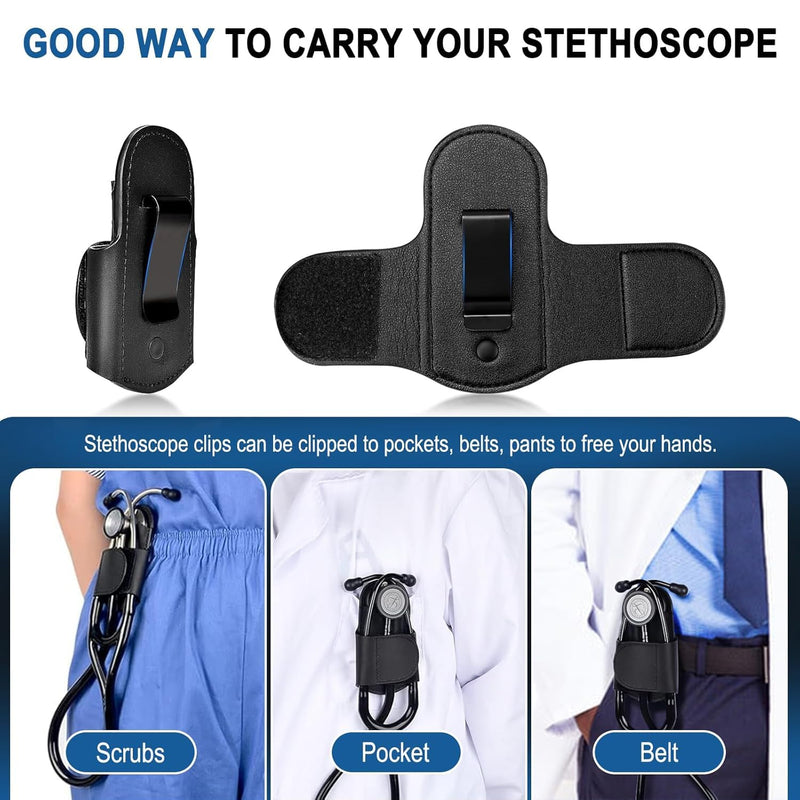 [Australia - AusPower] - Premium PU Black Leather Stethoscope Holder Hip Clip Compatible with Littmann and Most Stethoscopes, Stethoscope Holster Clips Holder Fit for Nurse, Physicians Stethoscope Pocket/Belt/Scrubs 