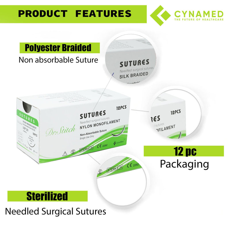 [Australia - AusPower] - CynaMed Sutures Thread with Needle (12-Pack) - Training Sutures Pkg. of 12 (12, 3/0, 25mm Blade, 3/8 Reverse Cutting) - Educational Use 