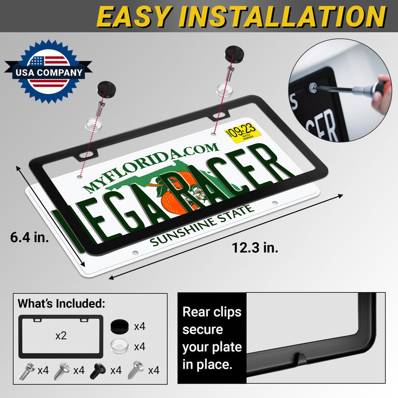 Premium Slim Matte Black License Plate Frames – 2 Pack, Rust-Free Stainless Steel & Rattle-Free, Street Legal, Universal with Screw Caps, Thin Metal Front & Rear Car Tag Holders for Men & Women 2 Piece
