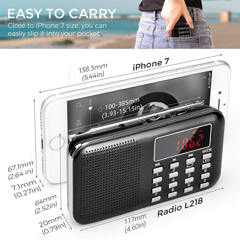 [Australia - AusPower] - Mini Portable Radio AM FM Pocket Radio with MP3, LED Flashlight, Digital Radio Speaker Support Micro SD/TF Card/USB, Auto Scan Save, 1200mAh Rechargeable Battery Operated, by PRUNUS[Latest Version] Black 