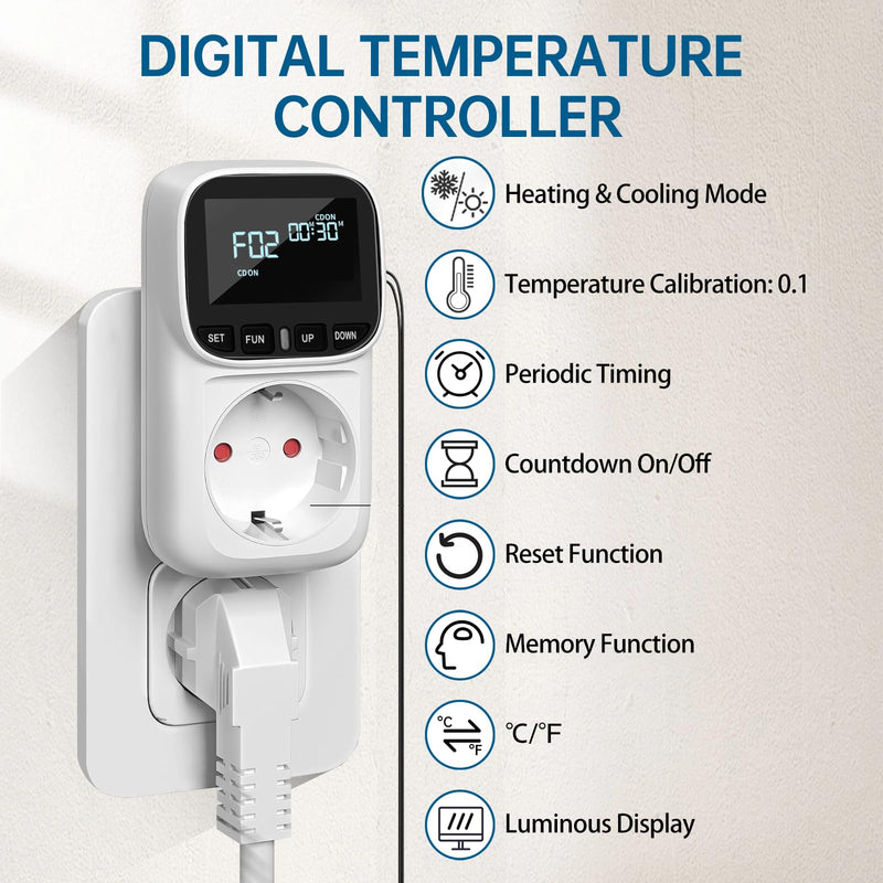 [Australia - AusPower] - Digital Temperature Controller Socket 230 V with Sensor Heating Cooling Temperature Switch Thermostat Socket Temperature Switch for Greenhouse Aquarium Fridge 