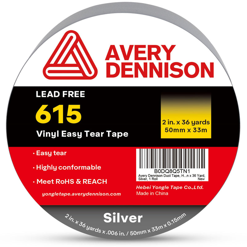 Avery Dennison Duct Tape, Heavy Duty PVC Easy Tear Tape, Strong Adhesive Waterproof Duct Tape for Indoor Outdoor Repairs, 2 in x 36 Yard, Silver, 1 Roll 2 in x 36 Yard(615)