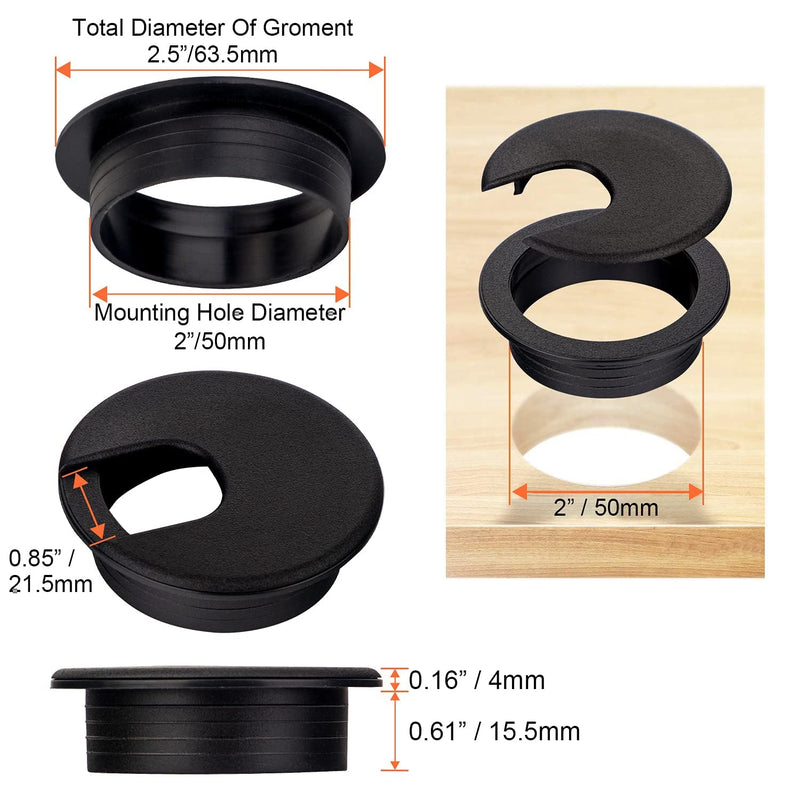 [Australia - AusPower] - 6 Pack 2 Inch/50mm Round Plastic Desk Grommets, Black Wire Organizer Caps, PC Computer Port Cable Hole Cover Plug Bushings, Perfect for Office Desk, TV Stands, Tabletops 6PCS 50mm / 2 Inch 
