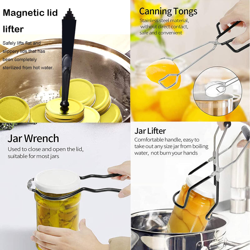 HOMMES Canning Supplies Starter Kit For Mason Jars - Pot, Funnel, Lifter, Wrench, Tongs, Lid Lifter & Bubble Remover Black