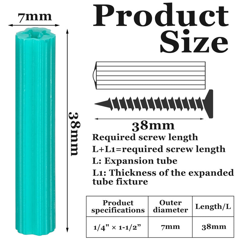 [Australia - AusPower] - 200 Pcs Expanding Plastic Screw Anchors 1/4" Hole Green Plastic Anchors for Concrete Tile Cement Bolt Expansion Tube for #10,11,12 Screws, Fix to Wall Drywall or Other Surface(1-1/2") 1-1/2" 