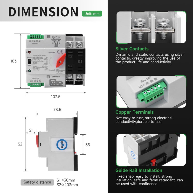 100Amp AC110V Automatic/Manual Transfer Switch 2P 50/60Hz, 2POLE 100A Mini ATS Solar Auto Dual Power Switch for Home Generator, Din Rail Mounted Cn Automatic Changeover Fast Transfe for Rv, Lv Power ATS 2P 100A AC110V