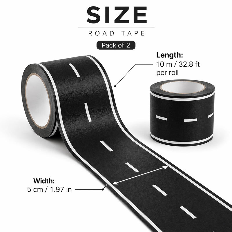 2 Pack 32.8 Feet Road Tape Roll, Black Toy Car Roadway Race Track Tape for Floors Tables Walls, Peel and Stick Racing Track Tape for Playrooms Classrooms Smooth Surface Decor