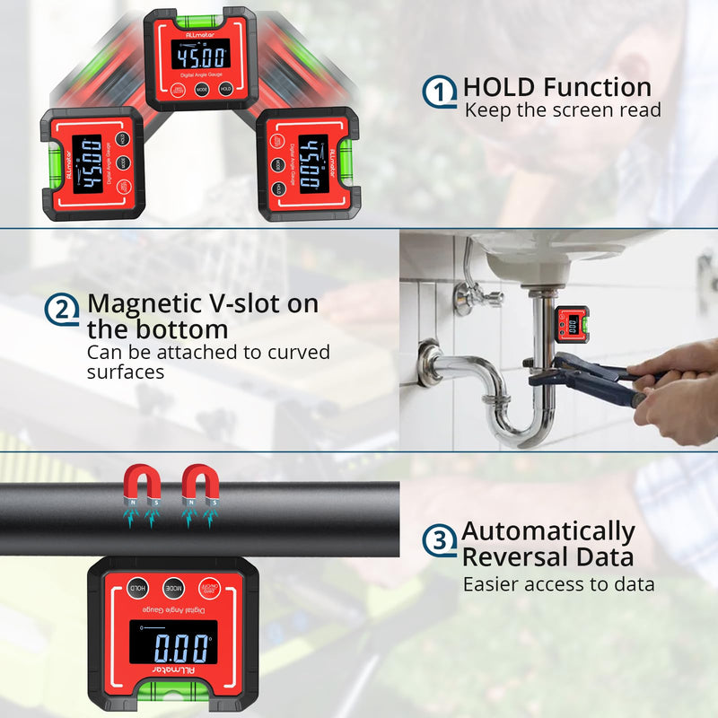 [Australia - AusPower] - Digital Angle Finder Magnetic ±0.1° Accuracy - Professional Woodworking Table Saw Inclinometer with IP52 Protection & Bubble Level Red 