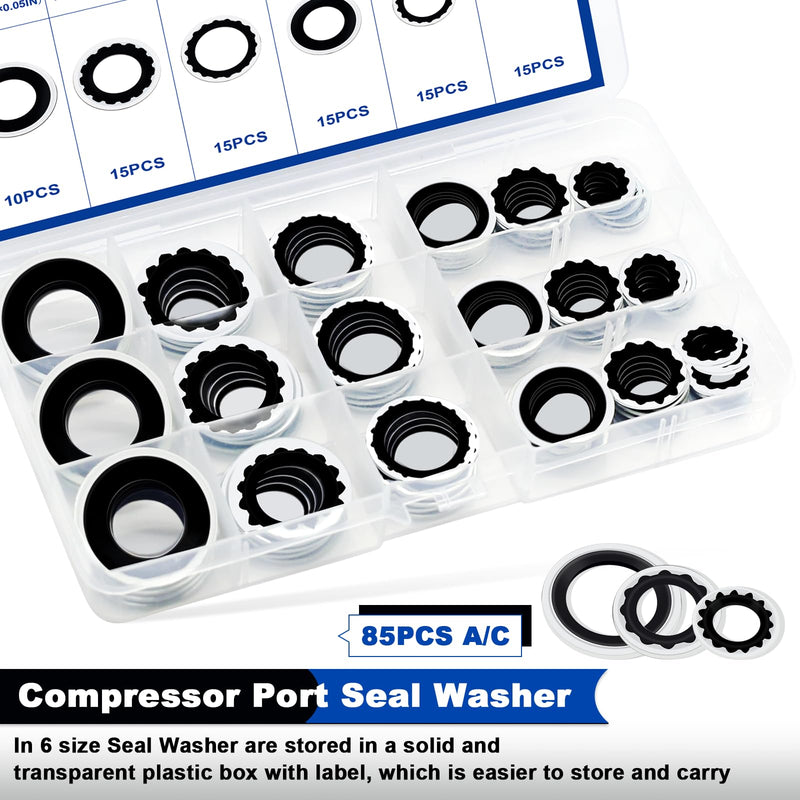 [Australia - AusPower] - 85PCS A/C Compressor Bonded Seal Washers Assortment Kit, 6 Sizes Air Conditioning Compressor Port Gasket Repairs Universal Automotive Self-Centered Washers (ID: 8mm-17.5mm) 85PCS A/C O-Ring Black 