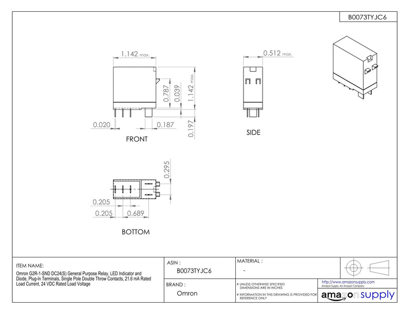 Omron G2R-1-SND DC24(S) General Purpose Relay, LED Indicator and Diode, Plug-In Terminals, Single Pole Double Throw Contacts, 21.6 mA Rated Load Current, 24 VDC Rated Load Voltage