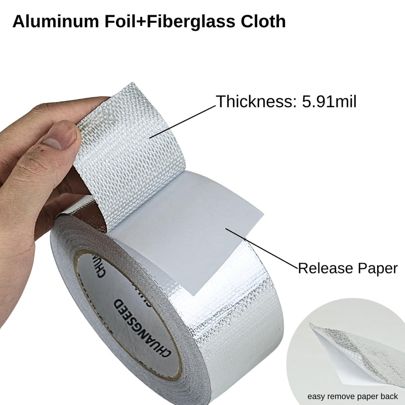 [Australia - AusPower] - CHUANGSEED Adhesive Aluminum Foil Fiberglass Heat Shield Tape 2in x 90ft, Reflective Material Cool Tape Self-Adhesive for HVAC, Pipe, Auto,High Temp Protection 