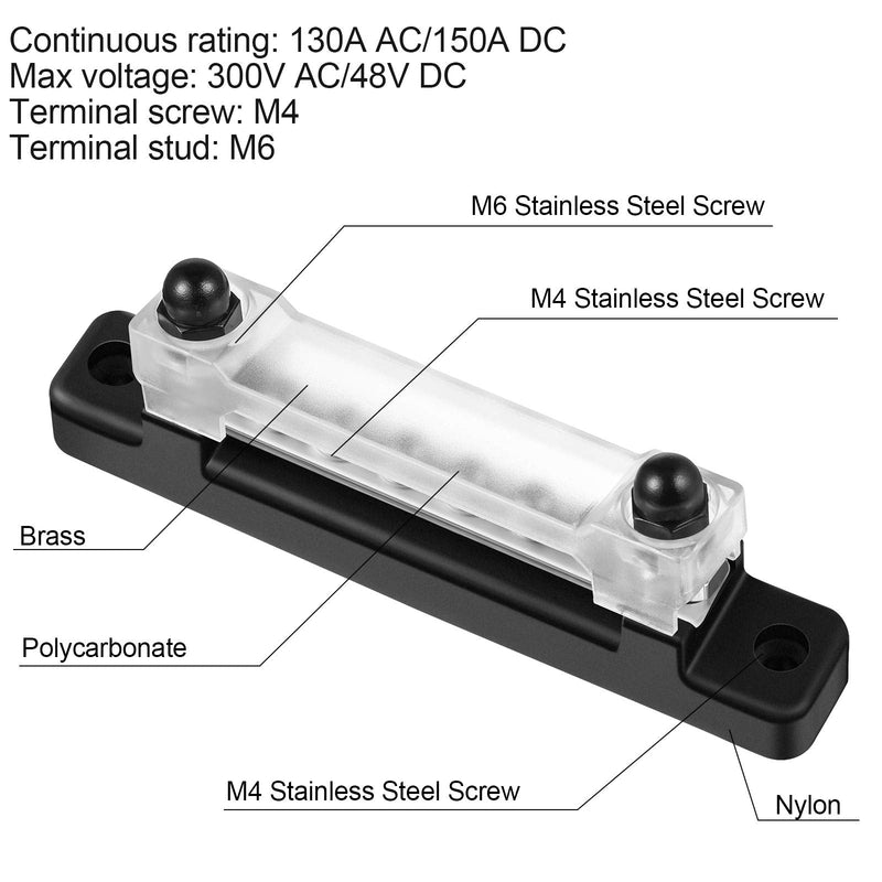 [Australia - AusPower] - Weewooday 10-Gang BusBar with Cover 6 Terminal Bus Bar 150 A BusBar Block with Cover Power Distribution Terminal Block W/ 6 Pieces 4mm Screws 2 Pieces M6 Studs for Caravan Car Boat Marine 