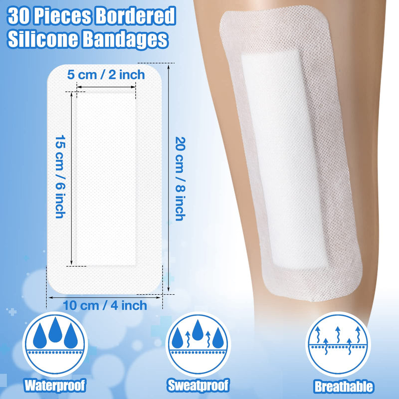 30 Pieces Bordered Gauze Island Dressing Wound Bandage Sterile Adhesive Gauze Pads Patches Post Shower Breathable Borders Individually Packed Pouches Tapes (4 x 8 Inch)