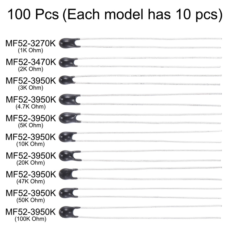 [Australia - AusPower] - QUARKZMAN Pack of 100 NTC Thermistors Resistors 1K/2K/3K/4.7K/5K/10K/20K/47K/50K/100KOhm High Sensitivity Current Limiter Temperature Sensor for Measurement 