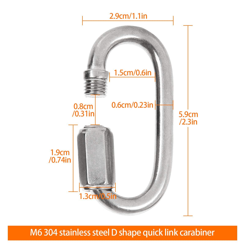 [Australia - AusPower] - 20PCS 1/4 inch Stainless Steel Chain Links, M6 Oval Quick Link Carabiner, Small Threaded Quick Chain Clip, Rope Connector for Camping, Hiking, Swing, Hammocks, Outdoor & Gym - 620lbs Load 