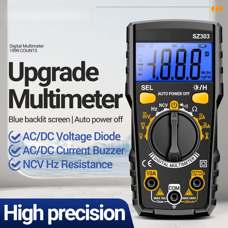 [Australia - AusPower] - Digital Multimeter Voltage Tester,Volt Meter,Measures AC/DC Current/Voltage,NCV,Ohm,Volt,Diode and Continuity, Resistance, Frequency for Electrican Tools(AAA Battery Include) Black 