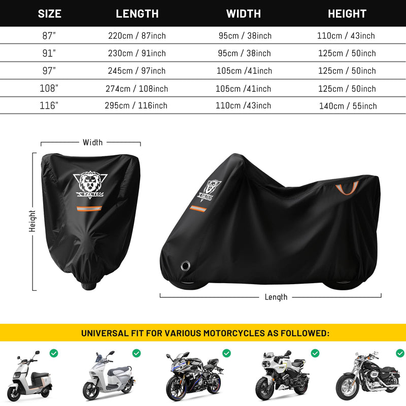 XYZCTEM Motorcycle Cover Waterproof Outdoor All Season Protection Motorcycle Storage Night Reflective Handles with Lock-Holes Storage Bag Fits up to 97" Motorcycle Vehicle Covers, Black 97"