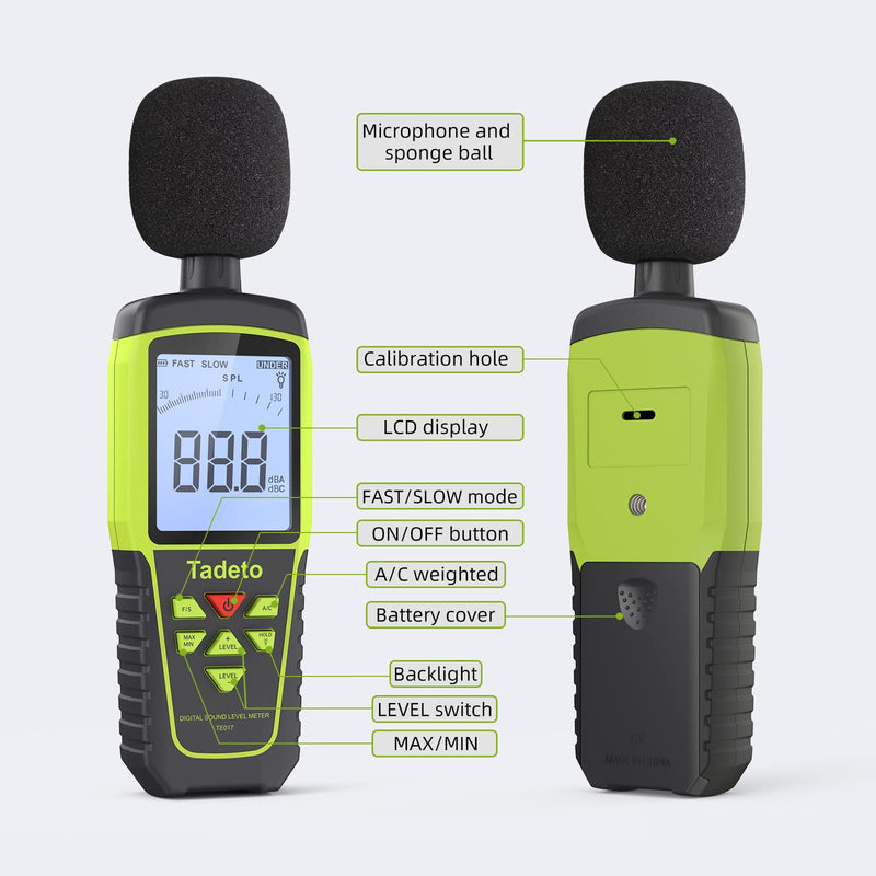 [Australia - AusPower] - Decibel Meter, Tadeto Digital Sound Level Meter Portable SPL Meter 30dB to 130dB(5 Measurement Range) Backlight LCD Display, MAX/MIN Noise Measurement, Audible and Visual Alarms,Data Hold, A/C Mode Green 