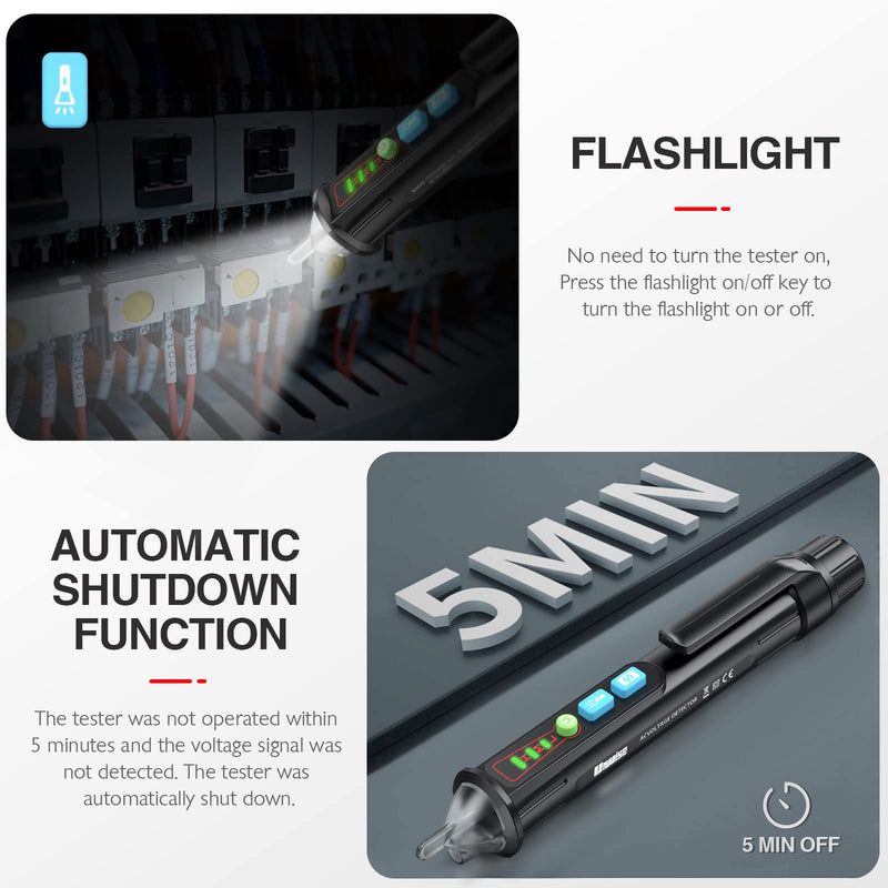 [Australia - AusPower] - 2 PCS AC Non-Contact Voltage Tester Pen, Christmas Light Bulb Tester Tool with Sound & Light Alarm, Electric Tester Pen with Flashligh, Live Wire Detector 12/48V~1000V, Urwise 2024-Upgrade 2 Pcs Black: 2024-Upgrade 