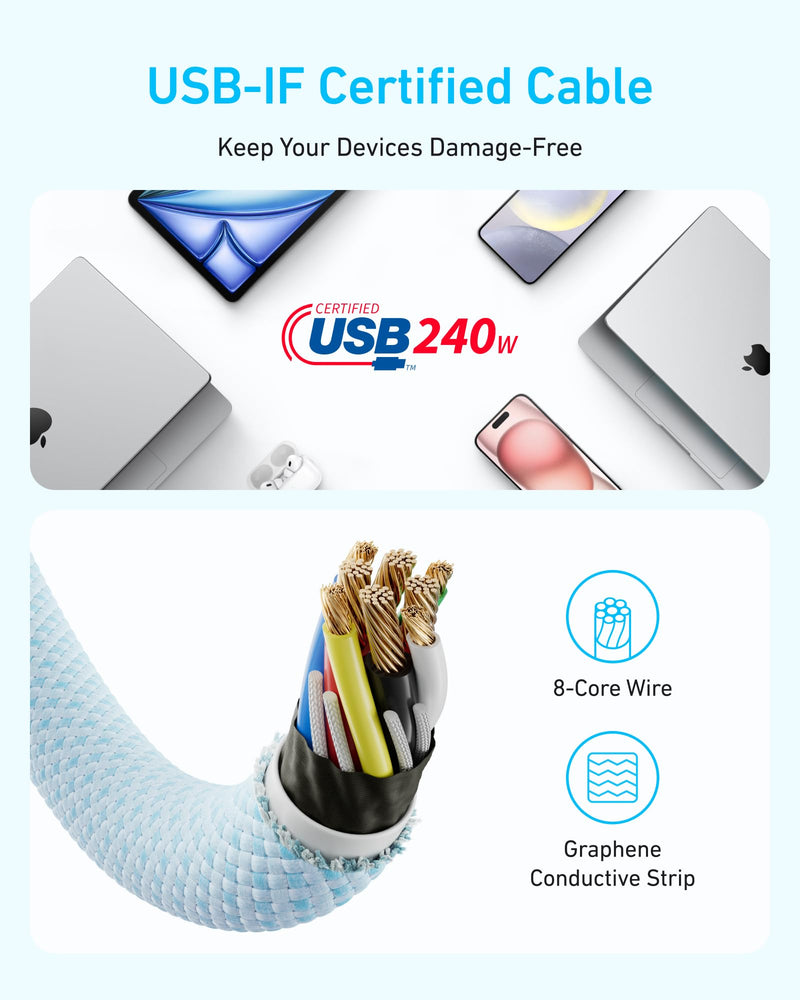 Anker Zolo USB C to USB C Cable, Braided and Dirt-Free Type-C Fast Charging Cable, Slim Connector, for iPhone 17 Series, MacBook (240W) (White, 6FT) (Pack of 2) 6ft (Pack of 2) White