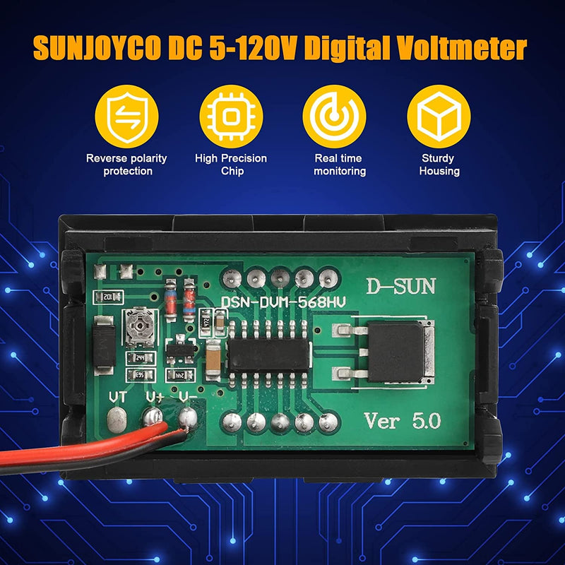[Australia - AusPower] - 5 Pack DC 5~120V Digital Mini Voltmeter Tester Voltage Gauge, SUNJOYCO 0.56" LED Display Panel Motorcycle Battery Monitor, 2 Wire Calibratable DC Volt Meter, Blue 