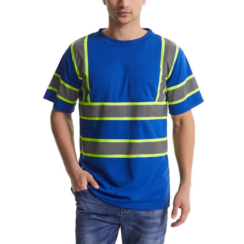 SKSAFETY High Visibility Safety Shirts for Men with Reflective Tapes - Quick Dry Class 2 Hi Vis Construction Work Shirts for Men, Short Sleeve Breathable Birdeyes T-Shirts with Pocket Blue X-Large