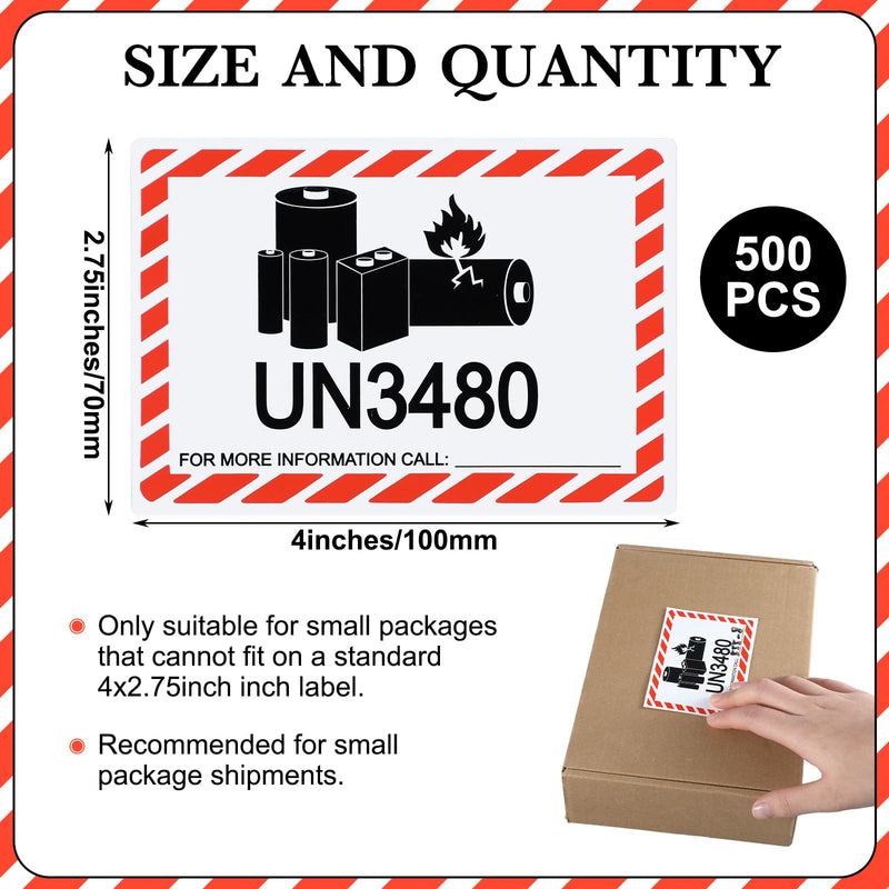 500 Pcs UN3480 Lithium Battery Labels - 4 x 2.75 Inch Adhesive Safety Stickers for Smaller Packages Only Shipping Lithium Batteries 500