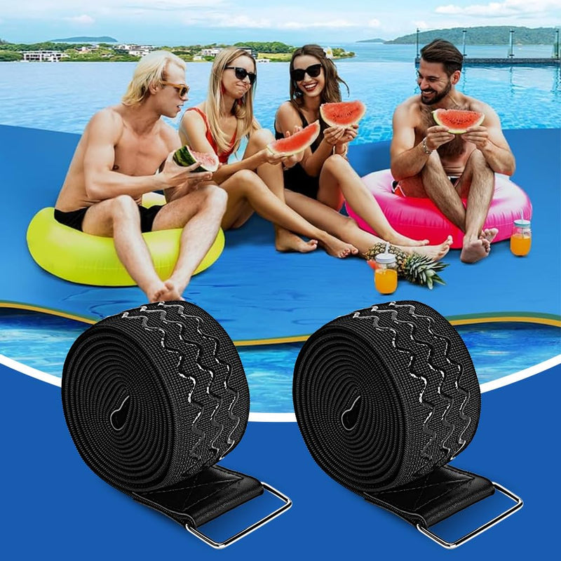 [Australia - AusPower] - 2Pcs 90 Inch Extra Long Floating Water Mat Straps, Water Pad Storage Straps with Anti-slip Strips, Reusable Metal Buckle Nylon Cinch Straps for Most Water Pad Mats, Black 