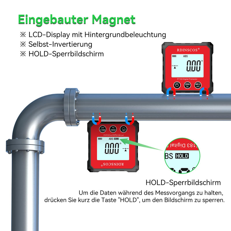 [Australia - AusPower] - Digital LCD Protractor Inclinometer Spirit Level Inclinometer Magnetic Base Angle Measuring Tool Mini Bevel Box with Display Flip Function for Carpenter, Home Red_usb 