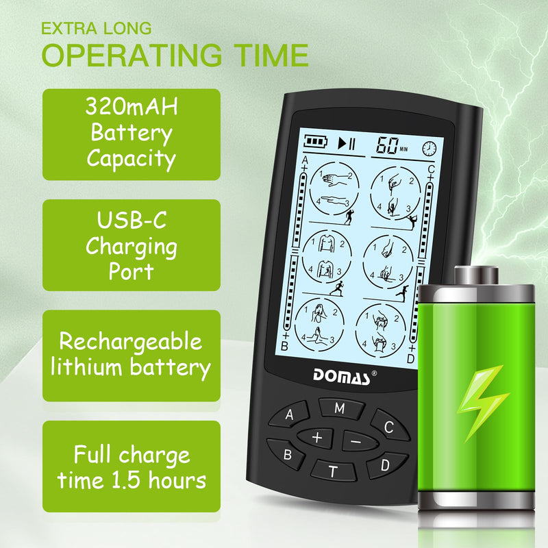 [Australia - AusPower] - DOMAS TENS Unit with 4 Channel Outputs, TENS EMS Unit Muscle Stimulator for Back Pain Relief, Portable & Rechargeable Nursing Machine Device with 24 Modes Electronic Pulse Massager & 16 Pads 
