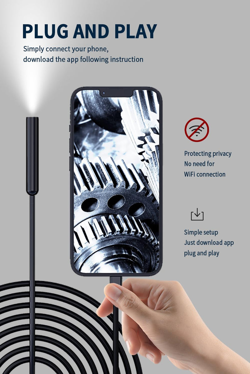 [Australia - AusPower] - 16.4ft Endoscope Camera with Light for Iphone and Android, 1920P HD IP67 Waterproof Borescope with 8 Adjustable LED Lights, Semi-Rigid Snake Camera, 7.9mm Inspection Camera 