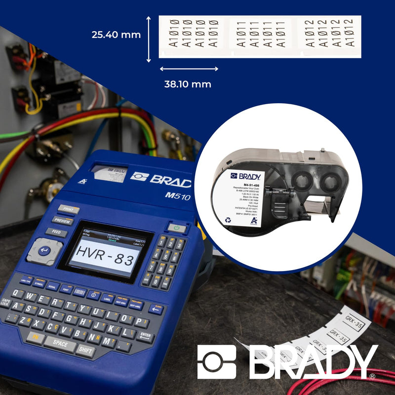 Brady Authentic (M4-91-498) Repositionable Multi-Purpose Vinyl Cloth Labels 1.5" H x 1" W Black on White, 120 Labels. for use with the BMP41, BMP51, and M511 Label Printers