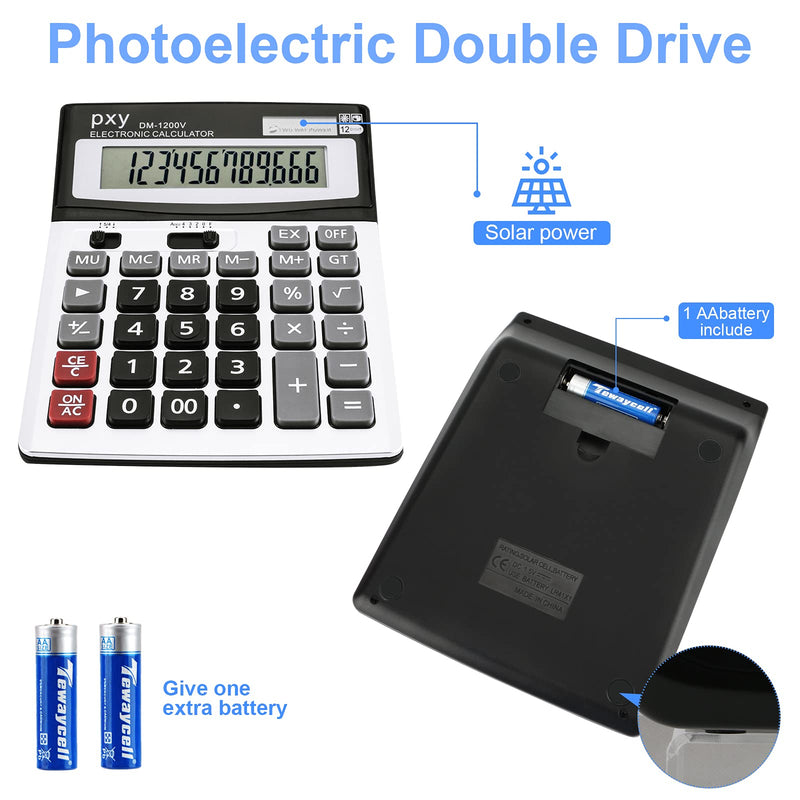 [Australia - AusPower] - Desk Calculator 12 Digit Extra Large LCD Display, Touch Comfortable with Big Buttons, PXY Two Way Power Battery and Solar Standard Function Office Calculators 