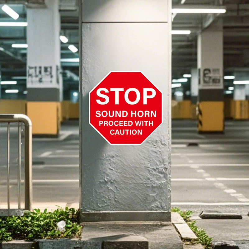 5 Pack Stop Sound Horn Proceed With Caution Sign Anti-Slip Traffic Floor Sticker 17 × 17 Inches Self Adhesive Vinyl Waterproof Signage for Workplace Warehouse Construction Site