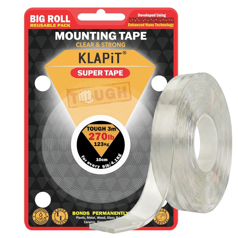 KLAPiT Super Tape 118in Clear Double Sided Heavy Duty Adhesive Tape, Enhanced Nano Technology Waterproof Mounting Tape, Holds 270 lbs 2.28lb per Inch 1 Pack