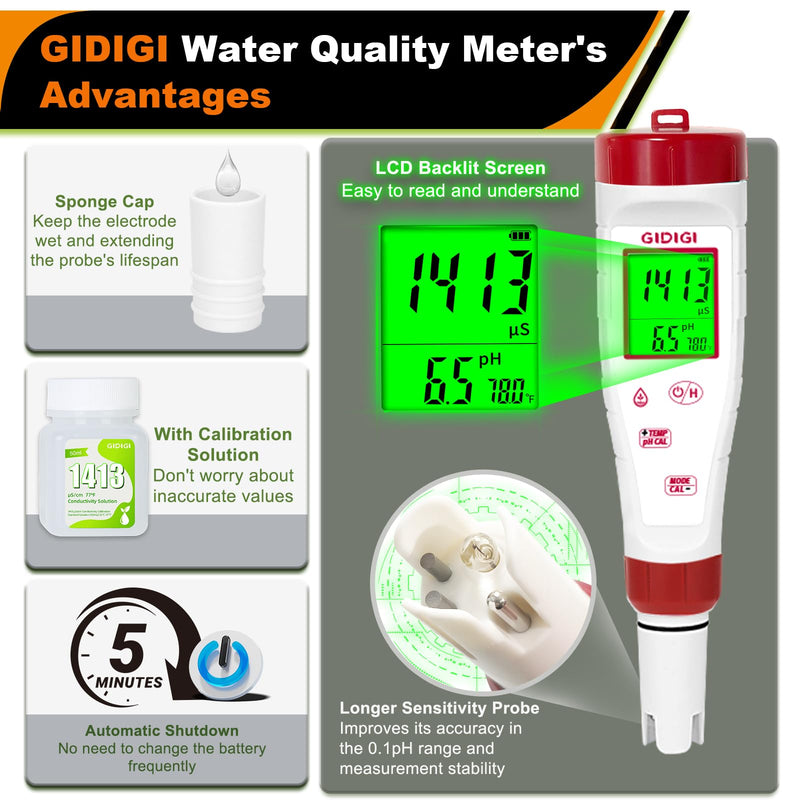 [Australia - AusPower] - pH Meter for Hydroponic Water,Digital EC ppm Tester for Nutrients,pH TDS Reader 4 in 1 with 1413 μs/cm Calibration Solution,High-Sensitivity Backlit Display for Drinking Water,DWC,Indoor Plants 