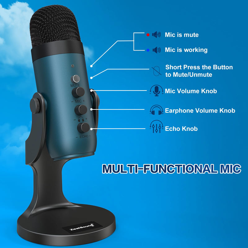 [Australia - AusPower] - ZealSound USB Condenser Microphone,Computer PC Gaming Mic,Plug&Play Microphones for PS 4&5.Monitor Adjust&Volume Control,Mic Gain Control,Mute Button for TikTok,YouTube Podcast on Mac&Windows(Teal) Teal 