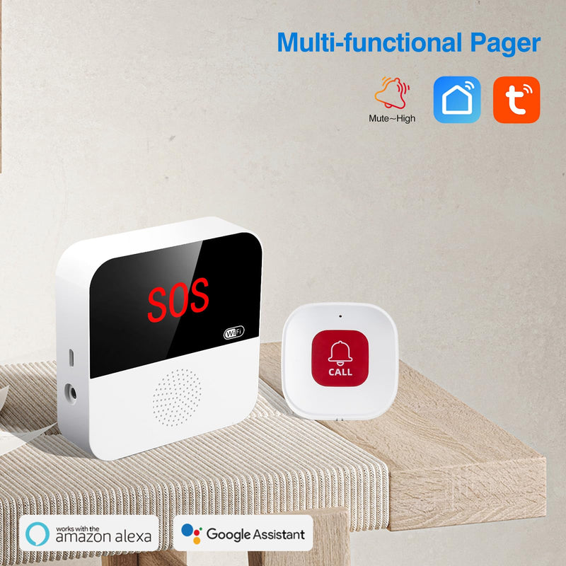 [Australia - AusPower] - WiFi Elderly Monitoring, Caregiver Pagers Life Alert Systems for Seniors no Monthly Fee, 1 Receiver & 2 Panic Button, Compatible with Tuya Smart/Smart Life APP (Only Supports Wi-Fi 2.4GHz ) 1 Receiver+2 Button 