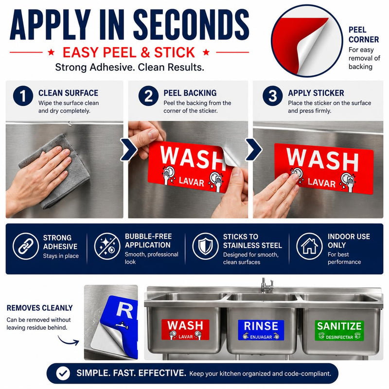 Wash Rinse Sanitize Sink Labels, Commercial Stickers for Triple Sink, Set of 3 Stickers, 7x3 Inches, 1 Set
