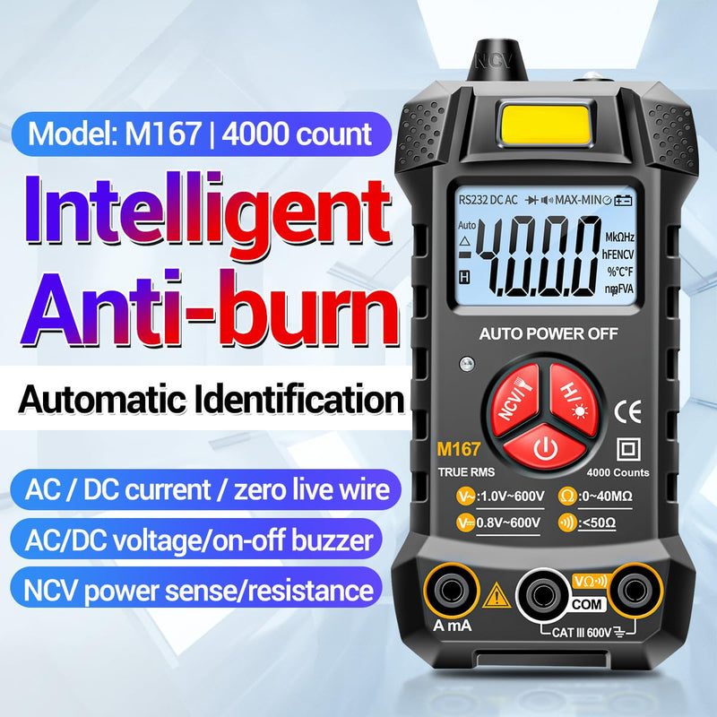 [Australia - AusPower] - Digital Multimeter 4000 Counts TRMS,Volt Meter Fast Measures AC/DC Voltage Current,Resistance,Continuity NCV Voltage Tester for Automotive Electrical Diagnostics&Electric Tools(AAA Battery Include) 