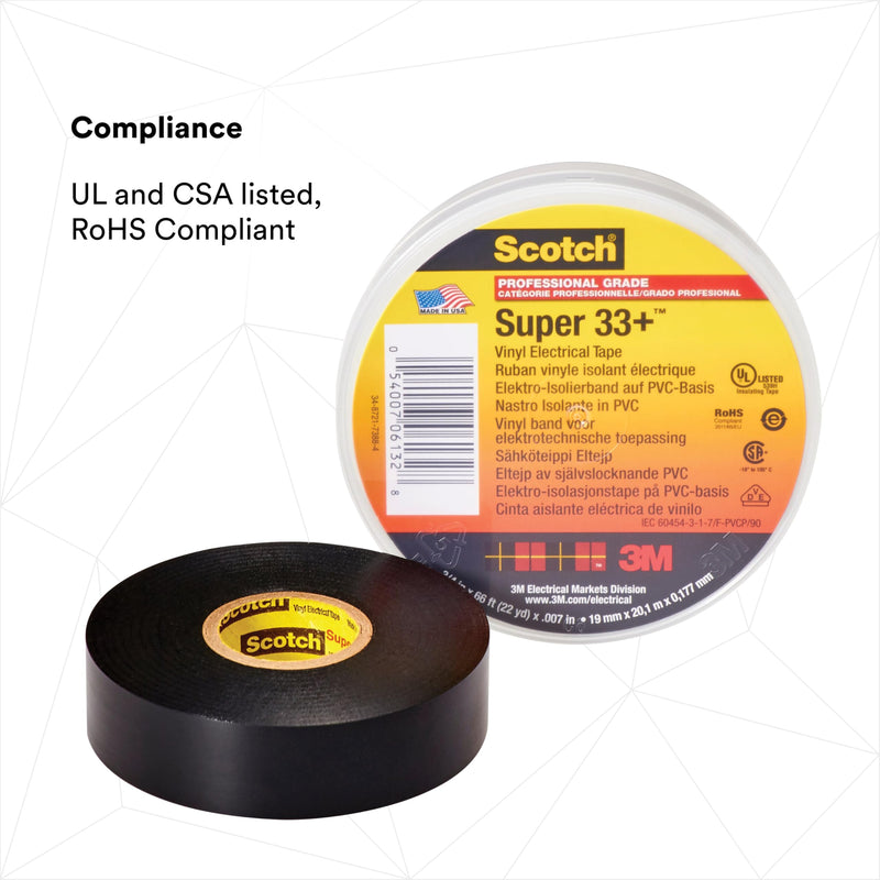 3M Scotch Super 33+ Electrical Tape - 3/4 in x 52 ft, Premium Grade All-Weather Vinyl, Resistant to Abrasion, Moisture, Corrosion, Alkalies - Black, 1 Roll 3/4" X 52'