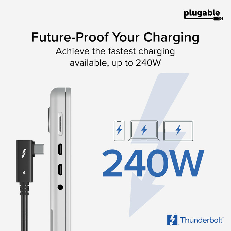 Plugable Thunderbolt 4 Cable Right Angle 40Gbps with 240W EPR Charging, 8K Display, Intel Certified 2.6 Feet (80CM) Compatible with USB4, Thunderbolt 3, USB C, iPad, MacBook, Windows (TBT4-240W-80CMR)