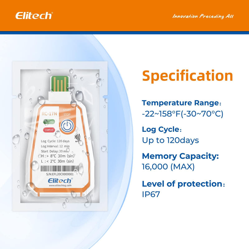 [Australia - AusPower] - Elitech 2Pack USB/NFC PDF Data Logger Recorder Single-use Disposable, up to 120 Days Transportation, Temperature Monitoring Report -22～158℉ RC-17N 120days RC-17N-NFC 2 