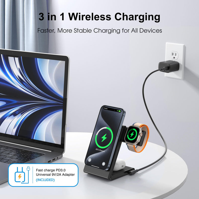 [Australia - AusPower] - 3 in 1 Wireless Charging Station for Multiple Devices, Fast Foldable Travel Mag-Safe Stand for iPhone 15 14 13 12 Pro Max/Plus/Pro/Mini, Magnetic Charger for Apple Watch/AirPods Pro with 20W Adapter Upgraded Black 
