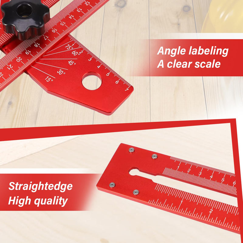 Woodworking Scriber Marking Line Ruler T Type Woodworking Ruler 16 inch Layout and Measuring Tools Precision Marking T-Ruler Positioning Scribing(Red)