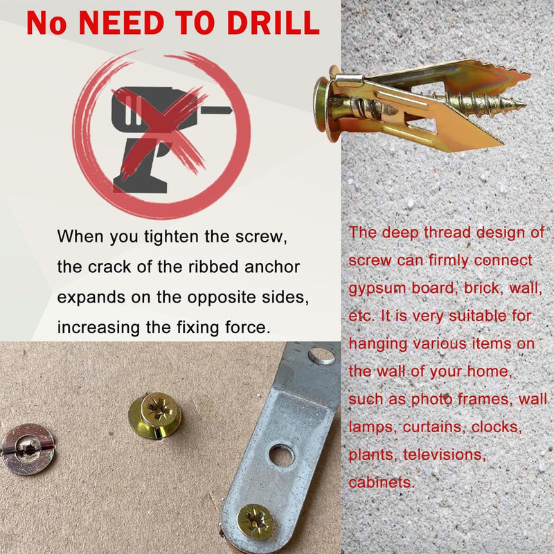 Self Drilling Drywall Anchors and Screws,Dry Wall Anchors Heavy Duty,Drywall Screws and Anchors Repair Tools for Wet and Drywall Fixing Picture,Furniture,Flags,Outdoor Decor (100, 1.57in) 100