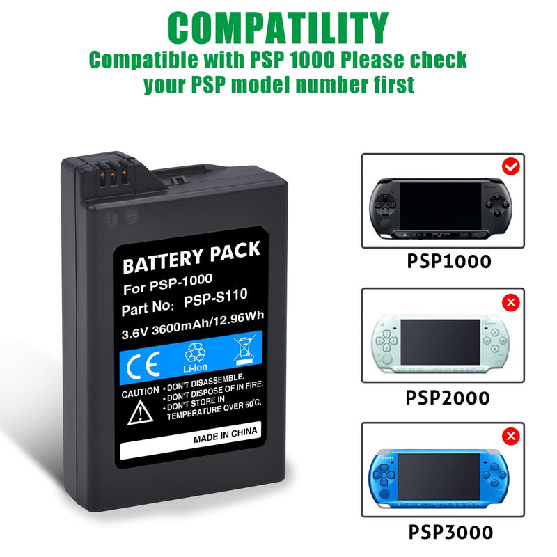 [Australia - AusPower] - PSP 1000 Battery, 3600mAh 3.6V Rechargeable Battery Compatible with Sony PSP 1000 PSP-110 Console PSP 1000 1001 1002 Series(NOT for PSP-2000 or 3000 or PSP Slim) 