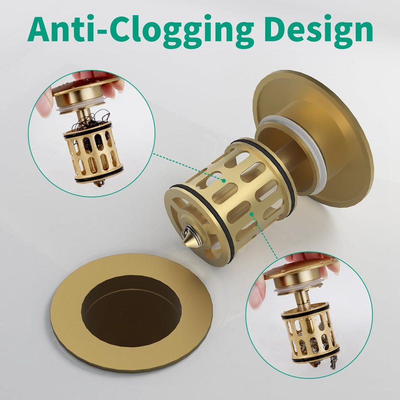 Bathroom Pop up Drain Without Overflow, Anti-Clogging Vessel Sink Drain Strainer, Pop Up Drain with Detachable Basket, Hair Catcher Bathroom Sink Drain Stopper(Brushed Gold, No Overflow) Brushed Gold