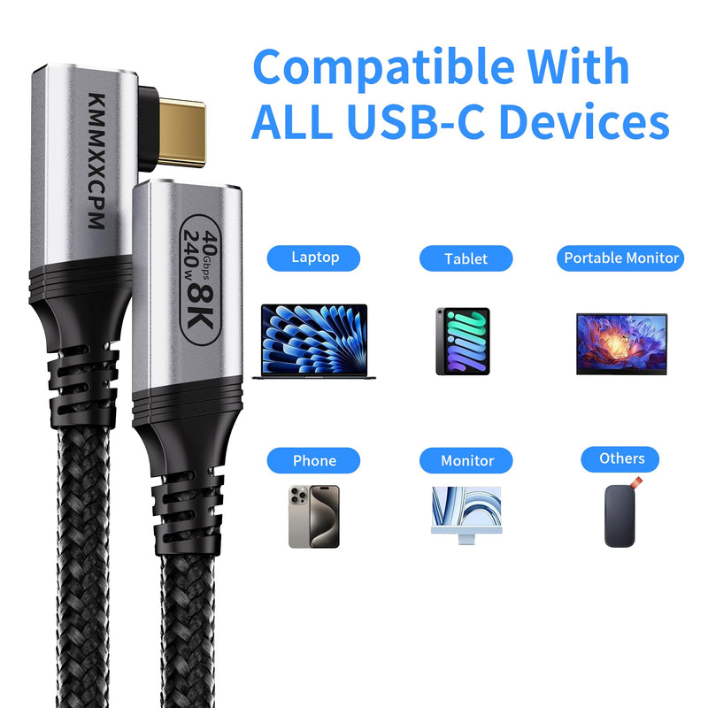 6.6FT USBC Extension Cable Right Angle Compatible with Thunderbolt 4/3,USB4 40Gbps Data Transfer,90 Degree USB C Male to Female Cable,Type C Extension 240W Fast Charging,8K/4K Video Display. 6.6FT